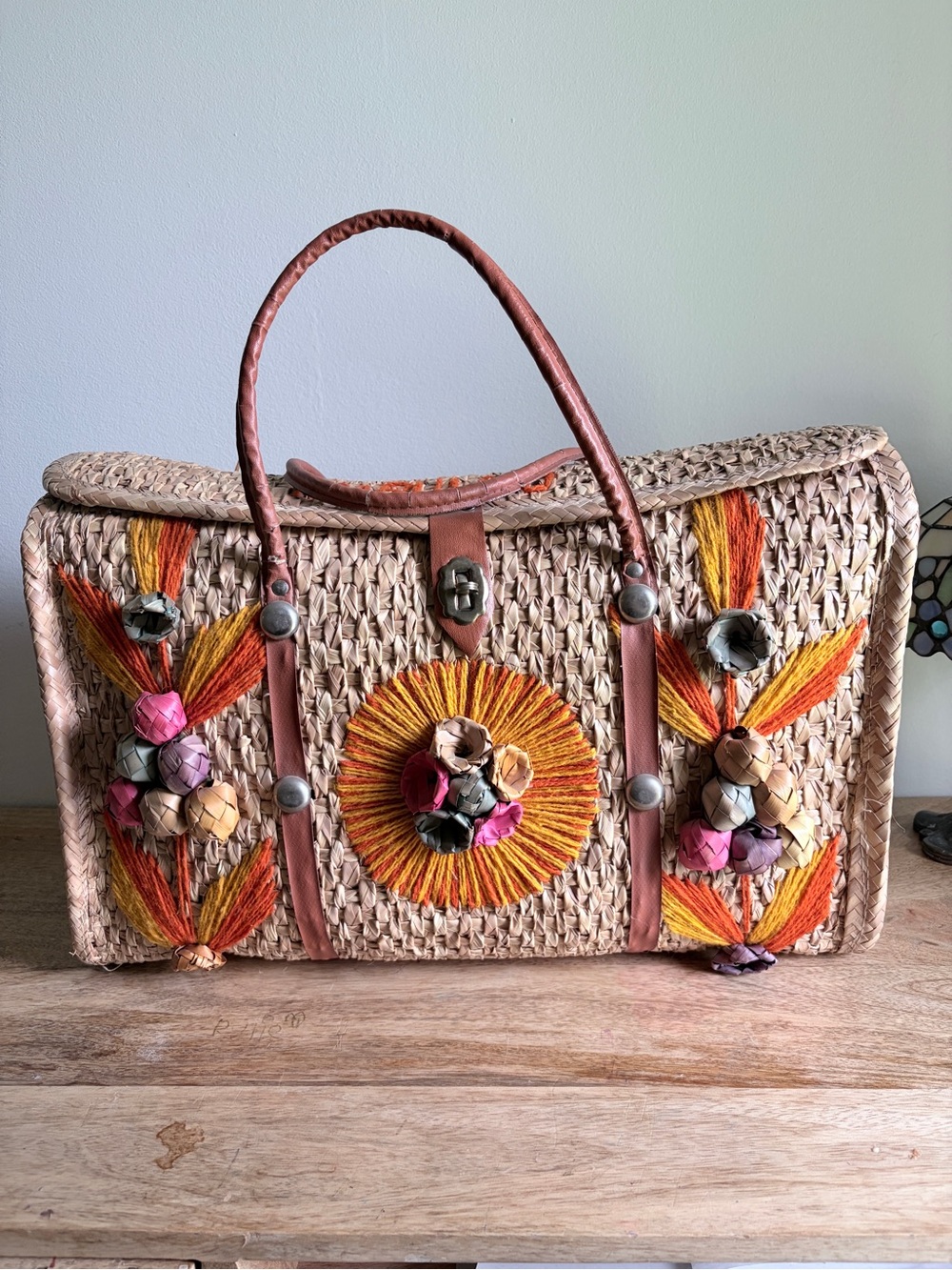 Vintage Mexican Handwoven Straw Tote Bag with Orange & Pink Embroidery